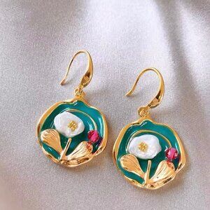NEW Round Drop Hook Earrings Flower Green Enamel 18K Plated